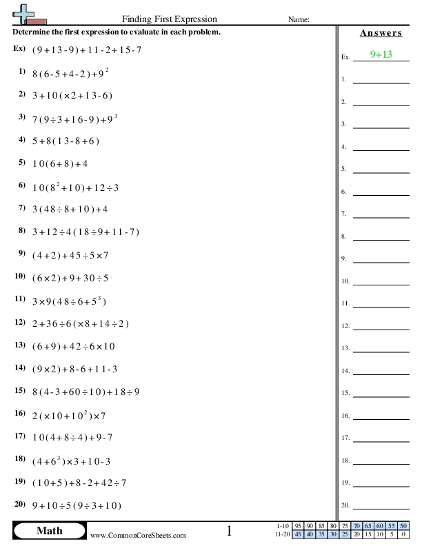 Order of Operations Worksheets - Finding First Expression worksheet